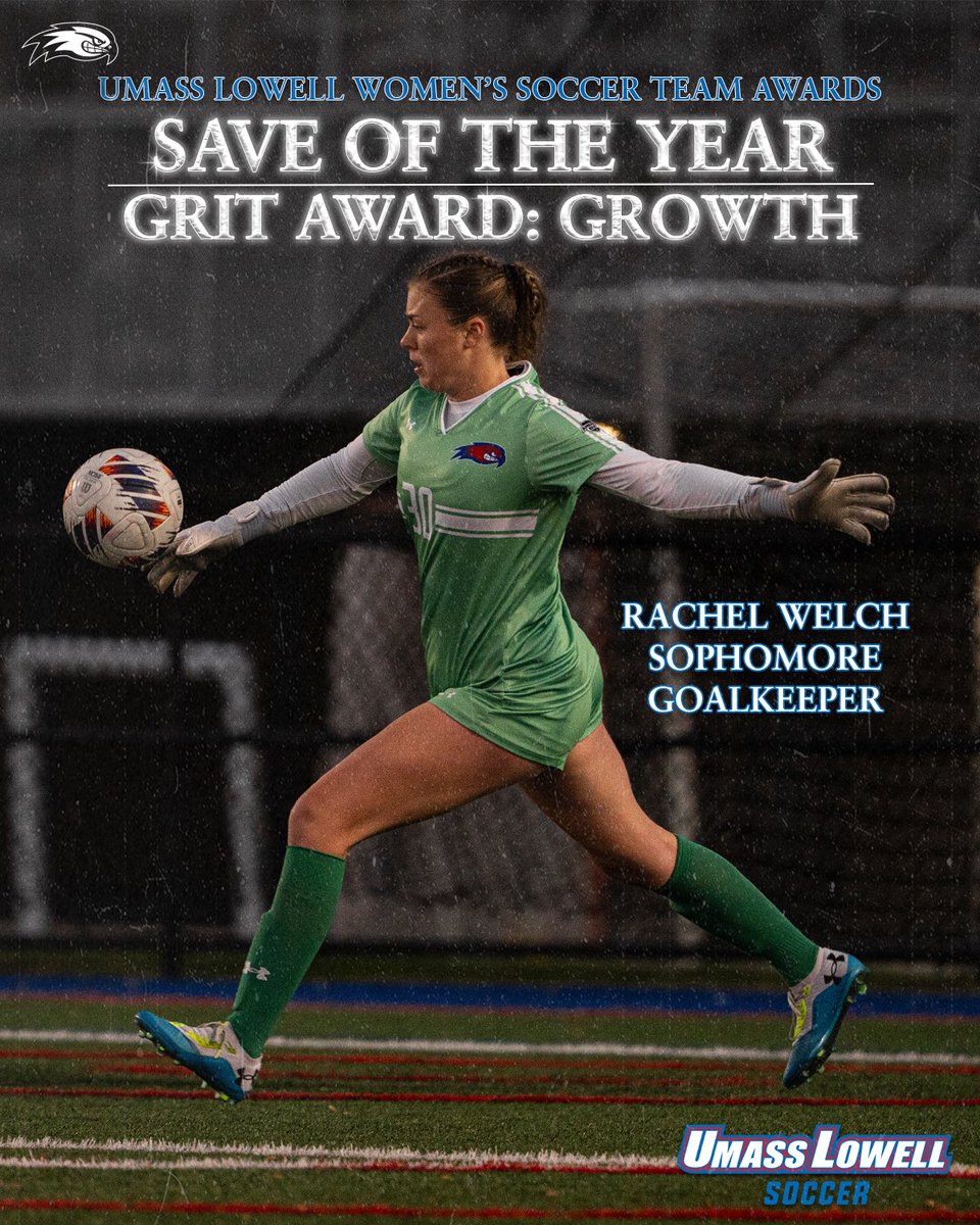 RiverHawkWSOC's tweet photo. Next, Rachel Welch is honored for her strong season in goal, highlighted by a remarkable stop in the America East QF vs. Bryant, which was selected as Save of the Year!🧤⚽️

She also received the GRIT Award for Growth in recognition of her sophomore development!

#UnitedInBlue https://t.co/rBXXSxVdS2