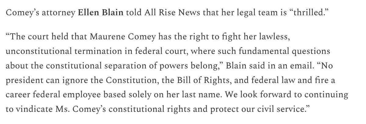 Maurene Comey's attorney is "thrilled" about the ruling advancing her lawsuit against her client's "lawless" firing.

“No president can ignore the Constitution, the Bill of Rights, and federal law and fire a career federal employee based solely on her last name."

Read more