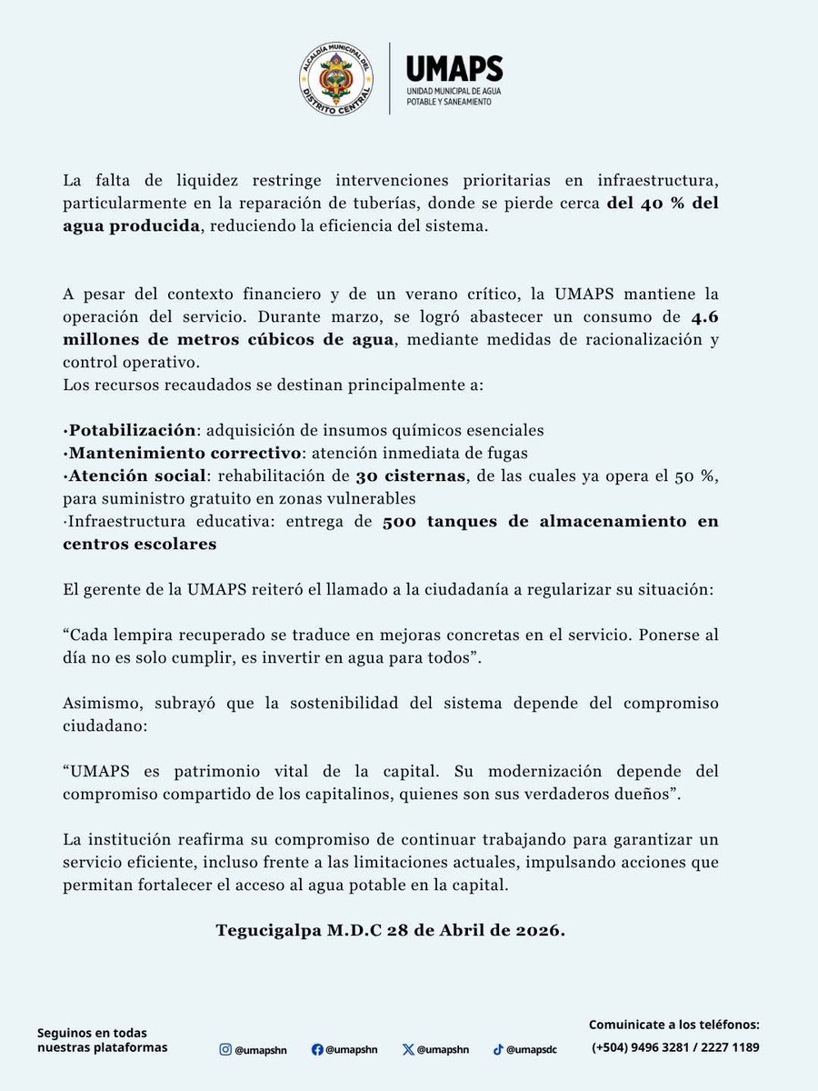 umapsdc's tweet image. 💧 Recuperar la mora es recuperar agua

UMAPS impulsa la recuperación de L 2,000 millones para modernizar el sistema.
El 34 % de usuarios en mora limita reparar fugas (se pierde hasta 40 % del agua).

En marzo abastecimos 4.6 millones m³ 💙

#UMAPS #AguaParaTodos #CulturaDePago