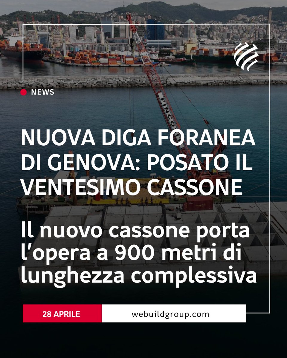 Webuild_Group's tweet photo. 🏗️ #Genova: Prosegue la costruzione della Nuova Diga Foranea di Genova con il posizionamento del ventesimo cassone.
L’attività si inserisce nel quadro complessivo dei lavori portati avanti dal Consorzio #PerGenova Breakwater, guidato da #Webuild, per conto dell’Autorità di Sistema Portuale del Mar Ligure Occidentale.
Prosegue anche l’impegno sul fronte tecnico e sostenibilità:
🤿 Oltre 500 giorni di interventi subacquei ad alte profondità
🚢 In campo una flotta di 60 navi per la sfida tecnologica nel Mediterraneo
🐬 43 avvistamenti di cetacei e fauna locale attestano l’efficacia dei protocolli di mitigazione acustica e visiva dei convogli
Leggi la nota completa 👉https://t.co/8o2lFCTgjq
#webuildgroup #digaforanea #digagenova #digaforaneagenova #breakwater @OfGenoa