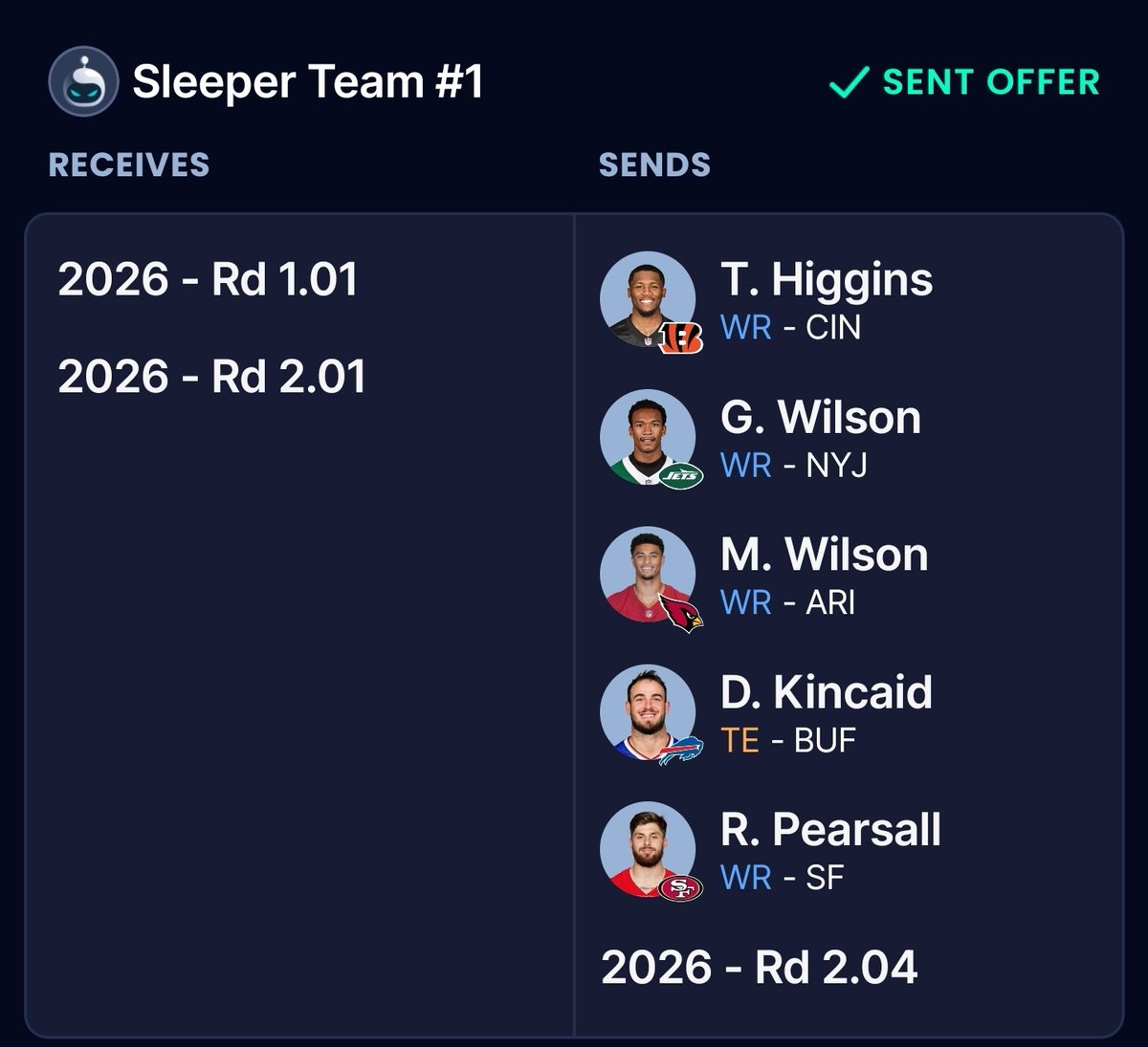 Sparrow866's tweet photo. @zaxavage This isn't me trading away the pick but for it, still works tho I think for this. Both leagues are 12 Team SF Start 10 with a .75 TEP. I had zero RBs in both leagues basically before these trades. I moved a lot but my teams are young so I think I had the flexibility to do these. https://t.co/io6rtWzUau