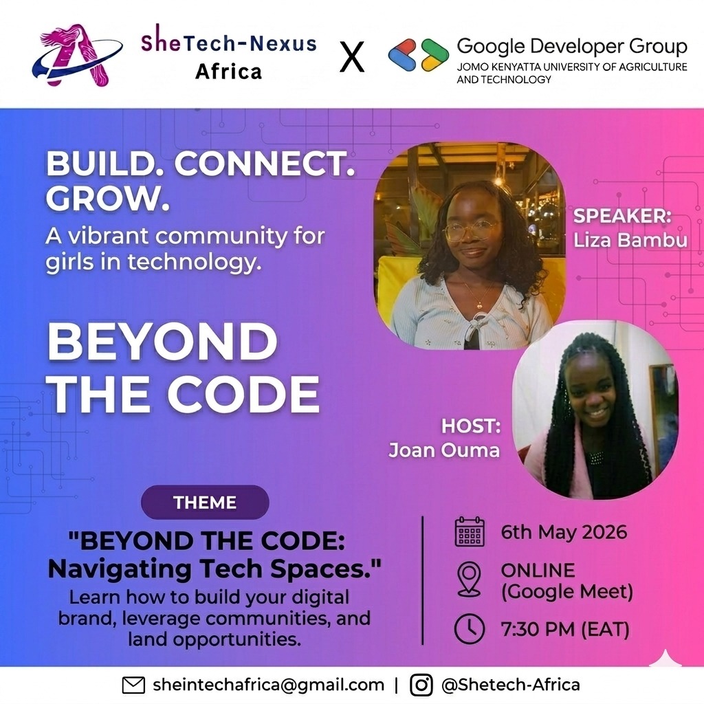 gdgcampusJKUAT's tweet image. We’re partnering with SheTech Nexus Africa to bring you:

**“BEYOND THE CODE: Navigating Tech Spaces”** 

Join us as we explore building your brand, leveraging communities &amp;amp; unlocking opportunities.

📅 May 6 |7:30 PM
📍 Online

🔗docs.google.com/forms/d/e/1FAI…

#WomenInTech #Tech #Code