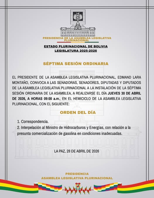 LaRazon_Bolivia's tweet image. #Nacional | El presidente de la Asamblea Legislativa Plurinacional, Edmand Lara, convocó a la séptima sesión ordinaria de la asamblea, para la interpelación del ministro de Hidrocarburos, Marcelo Blanco, que se realizará este jueves 30 de abril a las 09.00.

#larazóndigital