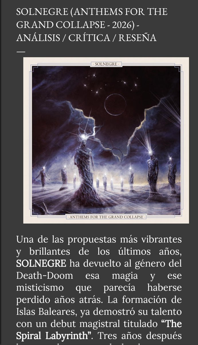 Tmetalicoweb's tweet photo. Reseña del 2ºLp de la banda de Death/Doom🇪🇸#SolNegre "Anthems for the Grand Collapse" donde hablo en profundidad del disco. https://t.co/Zvfh46WzED
Y esta noche a las 21 horas, entrevista con la banda en el canal de Guardianes en Youtube: https://t.co/TMioGooDLb
Os esperamos!! https://t.co/f8myD7K0mI
