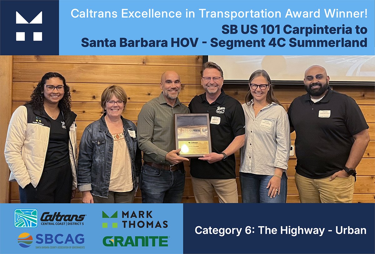 MarkThomas_Co's tweet image. We’re proud to share that the SB 101 Carpinteria to Santa Barbara HOV - Segment 4C Summerland Project has received a @CaltransHQ (EIT) Award! See more: tinyurl.com/yxfjakuh
#TransportationExcellence #Highways #MobilityImprovement #WeAreMarkThomas