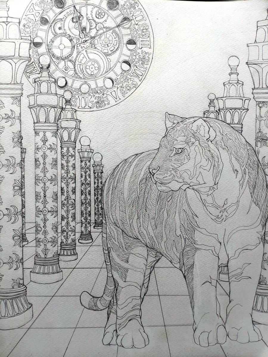 naohiro7716's tweet image. 「時遊」じゆうという題名をつけました。これから色を着けていきます。 #art  #drawing  #graffiti  #tiger