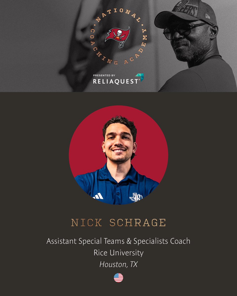 Coach_Schrage's tweet image. Blessed to be selected for the 2026 National Coaching Academy with the @Buccaneers

Honored to represent @RiceFootball in Tampa Bay!
🦉

#WE