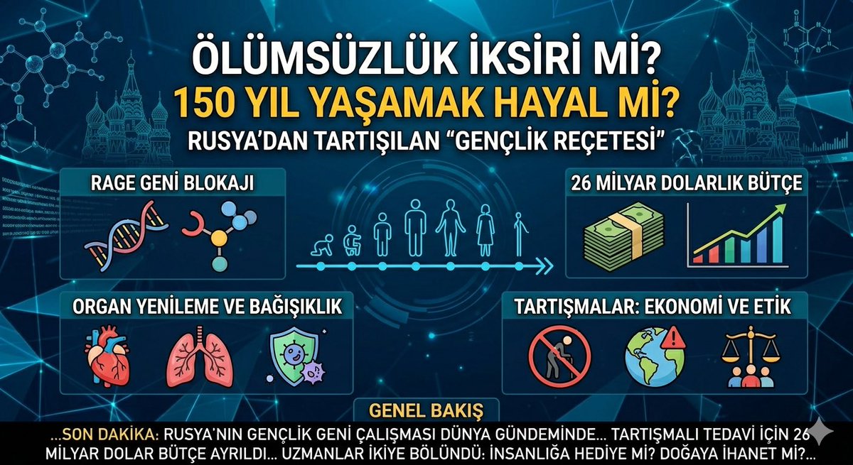Atli_Ayb's tweet image. 1/ 🚨 DÜNYA ŞOKTA: ÖLÜMSÜZLÜK REÇETESİ Mİ YAZILDI? 🚨
Rusya, insan ömrünü 150 yıla çıkaracak devasa bir gen terapisi projesini duyurdu! Kremlin destekli 27 MİLYAR DOLARLIK bu hamle, bildiğimiz tüm biyolojik kuralları yıkmaya hazırlanıyor. 🧬💊 #Rusya #Ölümsüzlük #Sağlık