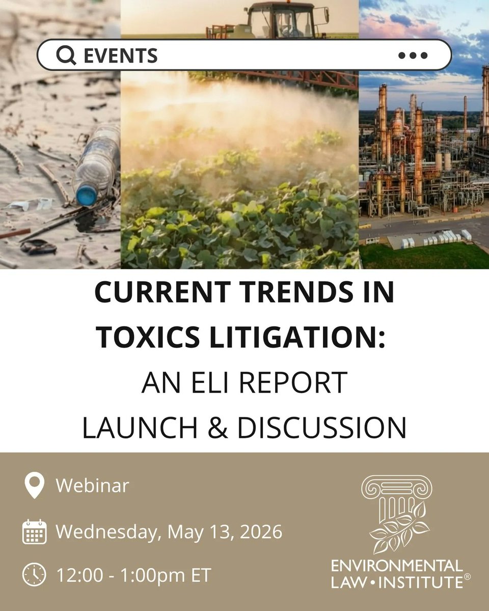ELIORG's tweet image. Toxic pollution isn't new, but increasing evidence and awareness are driving a surge of lawsuits. ⚖️ Join ELI for our report launch and a discussion on the future of toxics litigation.

Register now: eli.org/events/current…

#EnvironmentalLaw #PublicHealth #ToxicChemicals #PFAS