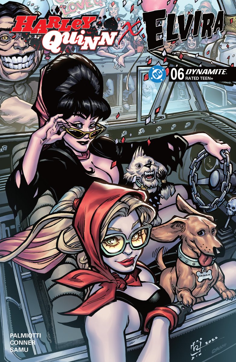 DynamiteComics's tweet image. In stores this week, Harley Quinn X Elvira #6 with covers by Amanda Conner, Chad Hardin, Joseph Michael Linsner and Ben Caldwell.

#dccomics #harleyquinn #elvira #amandaconner #jimmypalmiotti #juansamu #chadhardin #josephmichaellinsner #bencaldwell

dynamite.com/htmlfiles/view…