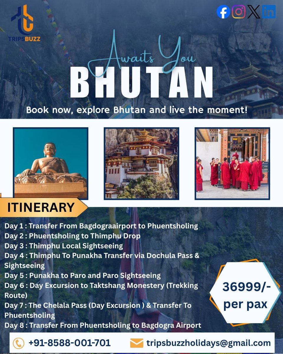 TripsbuzzH's tweet photo. -YOUR DREAM BHUTAN VACATION STARTS HERE – SPECIAL DISCOUNTS AVAILABLES!
#VISITBHUTAN #MOUNTAINESCAPE #NATURELOVERS #ADVENTURETRAVEL #TRIPSBUZZ https://t.co/nnhM5kPMa7