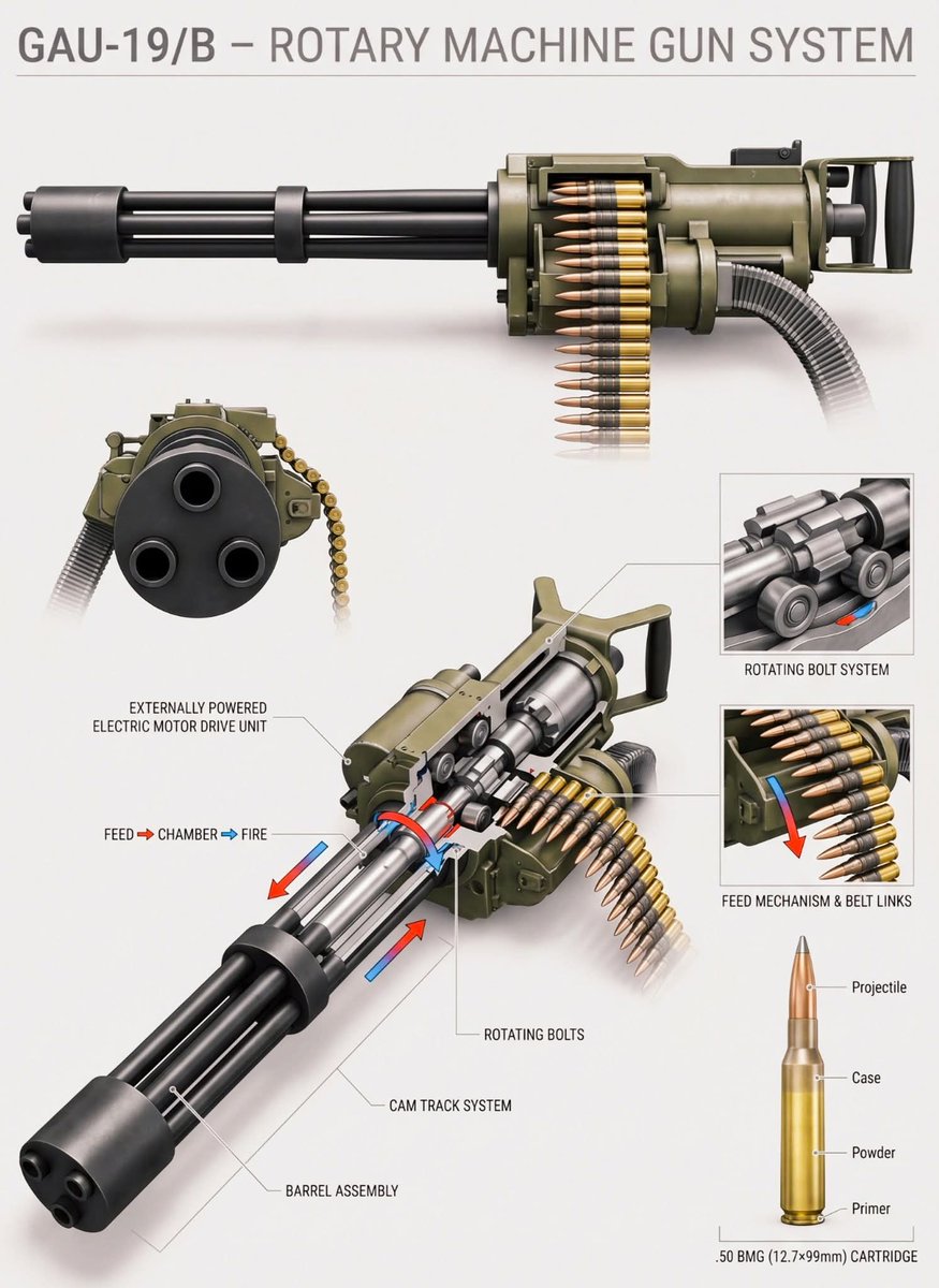 DefenceNewsOfIN's tweet image. Mechanical Analysis GAU-19/B Electrically Driven Rotary Gun
#engineering #technical #systembreakdown