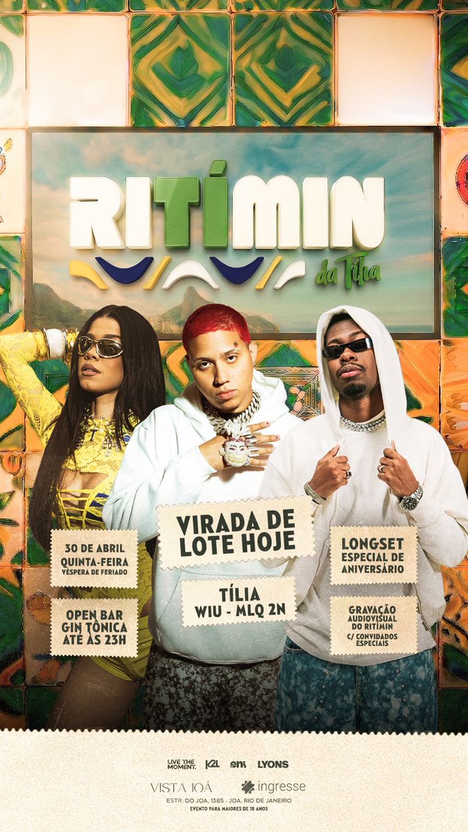 ‼️ CÓDIGO DE DESCONTO: BURLA

🚨 VENDAS ABERTAS!
GARANTA O SEU ANTES QUE O LOTE VIRE ! 🏃‍♀🏃🏃‍♂💨

🎉Ritímin da Tília
📍 VISTA JOÁ | Rio de Janeiro
📅 30/04 

🎤Tília

🎟️ CÓDIGO DE DESCONTO: BURLA
embedstore.ingresse.com/tickets/www.in…