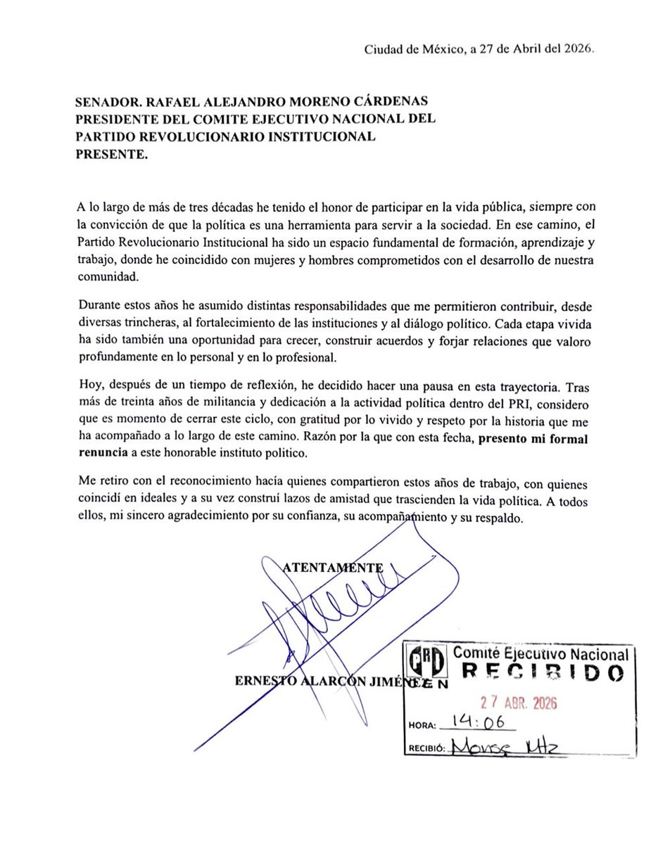 infoguzman's tweet image. Renuncia al #PRI Ernesto Alarcón Jiménez actual Diputado Local #CDMX