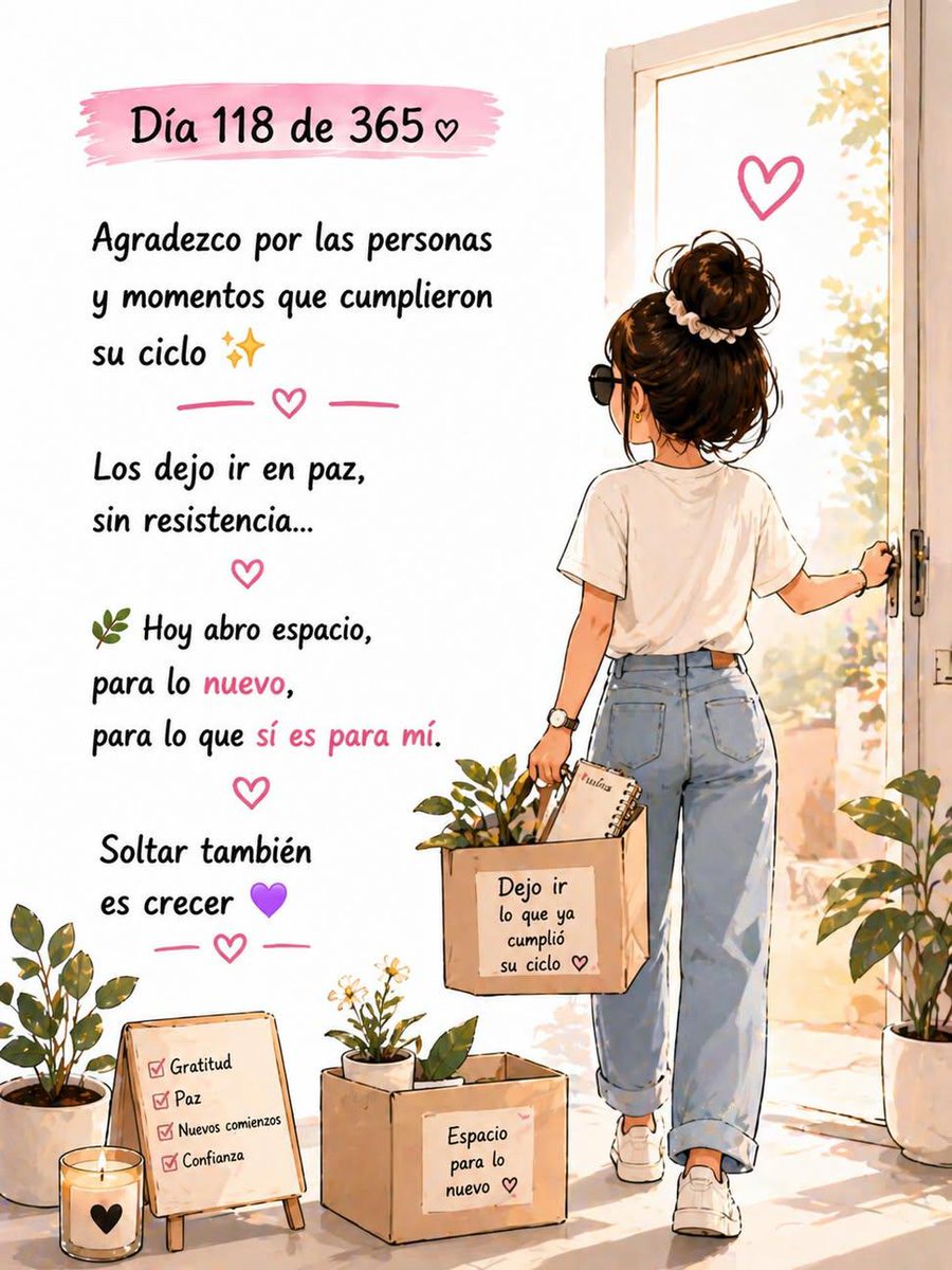 Marlenetica's tweet image. Día 118 de 365

Agradezco por las personas
y momentos que cumplieron su ciclo ✨

Los dejo ir en paz,
sin resistencia…

🌿 Hoy abro espacio,
para lo nuevo,
para lo que sí es para mí.

Soltar también es crecer 💜

#Soltar #NuevosComienzos #Gratitud
