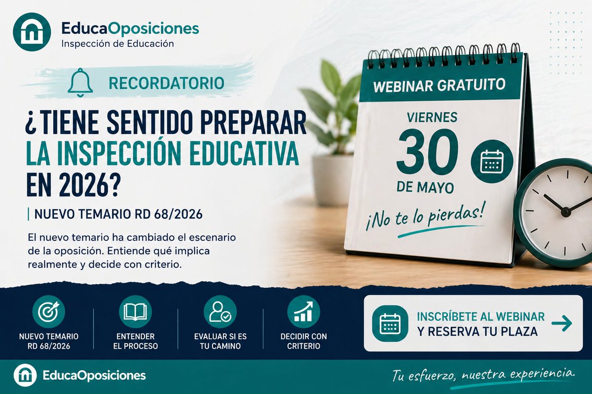 ¿Sigues dudando si preparar Inspección en 2026?
El escenario ha cambiado (RD 68/2026)… y también tu decisión debería hacerlo.
🎯 Analiza, decide con criterio y da el siguiente paso.
📅 Webinar gratuito · 30 de mayo
educaoposiciones.es/webinar-inspec… #inspeccioneducativa #educaoposiciones