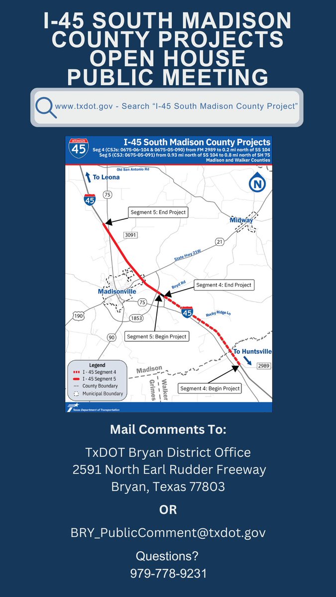 TxDOTBryan's tweet photo. TxDOT Bryan District is proposing improvements to Interstate (I)-45 from Farm to Market (FM) 2989 in Walker County to 0.8 miles north of State Highway (SH) 75 in Madison County, Texas. 

Join us for our Open House Public Meeting this Thursday in Madisonville, TX! https://t.co/RX5fOVUcKd