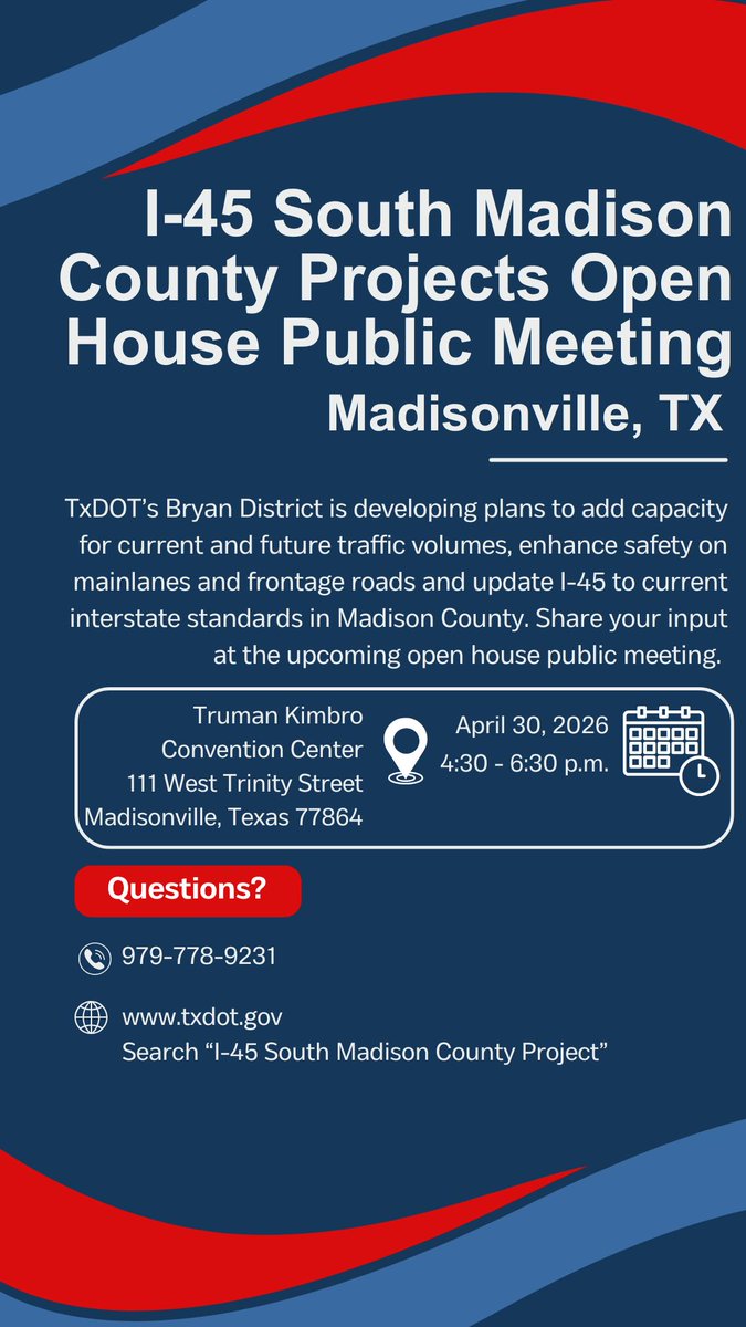 TxDOTBryan's tweet photo. TxDOT Bryan District is proposing improvements to Interstate (I)-45 from Farm to Market (FM) 2989 in Walker County to 0.8 miles north of State Highway (SH) 75 in Madison County, Texas. 

Join us for our Open House Public Meeting this Thursday in Madisonville, TX! https://t.co/RX5fOVUcKd