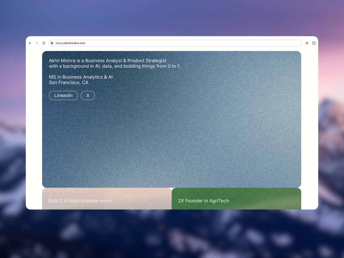 upsn_'s tweet photo. Designed the minimal website for @Akhil69420. He is work-life balancing with AI and agriculture.

We discussed keeping things minimal and focusing on this work beyond "work" - personal projects, agriculture, hackathons, building a startup, pitch nights, you name it.. https://t.co/ix2TMXaOcC