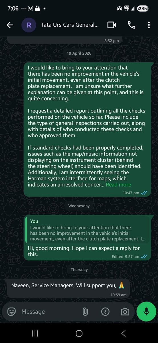 AbinathSiva's tweet image. @TataMotors_Cars, Since April 3, I have visited URS Kar, Mysore 5 times spent ~₹30k including clutch plate replacement, yet issue remain.
Escalation proof attached, I can no longer rely on @urskar_tata. Required resolution on 2nd  May.
#TataMotors #CustomerService #Mysuru #Punch
