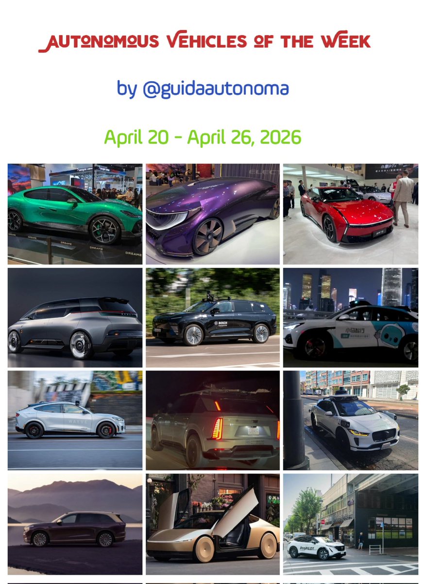 guidaautonoma's tweet image. #AutonomousVehicles of the Week:
April 20 - April 26, 2026
🚗🚚🚌🚕

@AkwyZ @GlenGilmore 
@FishEyeBoxIndia @ProcurementStar @Procurement2030 @SupplyChain2030
@arikring @Nicochan33
@sonu_monika @Khulood_Almani @enricomolinari
#Mobility #SmartCity #Robotaxi #AI #Technology #Tech