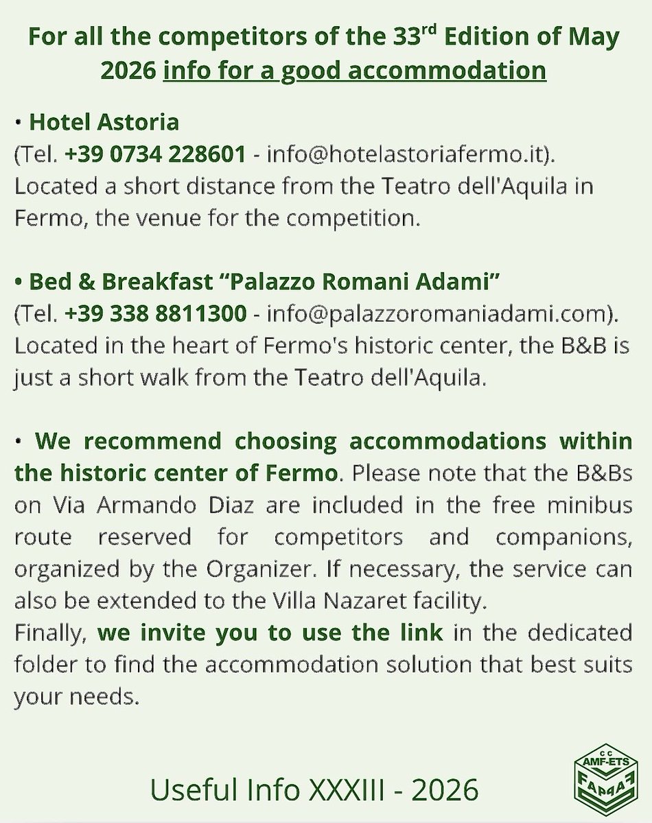 premiopost's tweet photo. For all competitors of the 33rd Edition of May 2026, info for a good accomodation
Useful travel information to reach Fermo easily.
Save this post for your trip and check our stories/ highlights for direct links.
#ConcorsoPostacchini #ViolinCompetition #Fermo
#ClassicalMusic https://t.co/QEUWZ1Qsyr
