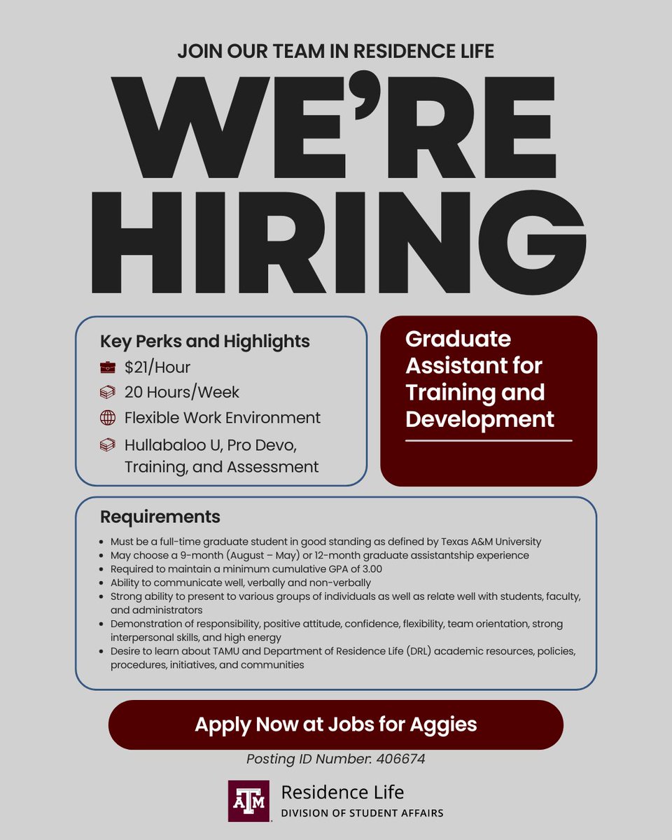 TAMUResLife's tweet image. Looking to grow your experience while making an impact on campus?
Join the Residence Life team as a Graduate Assistant for Training and Development and build skills that you can't learn in the classroom.
Apply now through Jobs for Aggies!

#TAMU #ResidenceLife #AggiesLiveOn