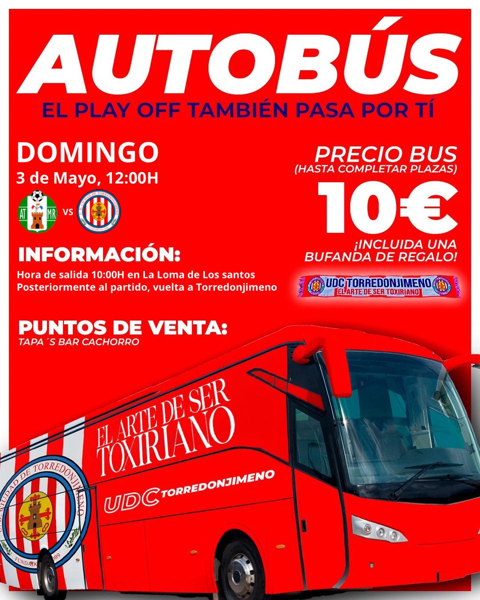TODOS A BORDO! 🚎

El playoff pasa por ti, y queremos sentir el apoyo de Torredonjimeno fuera de casa ante la cita más importante de la temporada 🙌

ℹ️ 𝙄𝙣𝙛𝙤: Salida a las 10:00H, desde Loma de Los santos
Posteriormente vuelta a Torredonjimeno 

📍𝙋𝙪𝙣𝙩𝙤 𝙙𝙚 𝙫𝙚𝙣𝙩𝙖: