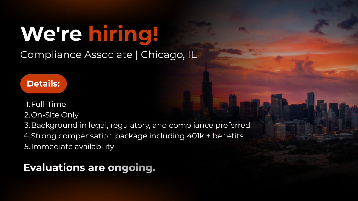 FuturesTrader71's tweet image. 🤵 Job opportunity:

EdgeClear ( @RealEdgeClear ) is filling a Compliance Associate position locally. This is an onsite-only listing. If you are in Chicago, have the background, and are interested: linkedin.com/jobs/view/4405…

#chicago #jobs #financial