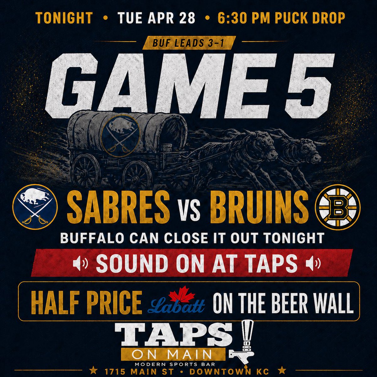 tapsonmain's tweet photo. Tonight! Half price Labatt all game! https://t.co/hyS2ilm7qe