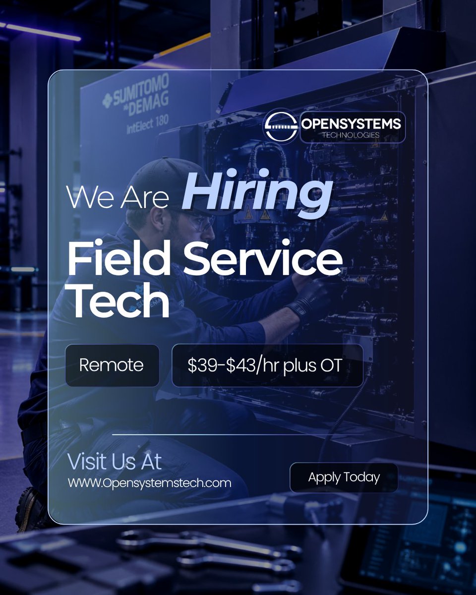 OpenSystemsTech's tweet photo. #Hiring Field Service Technician | Remote (Eastern US) | $39–$43/hr + OT
Install &amp; repair molding equipment nationwide. Need: mechanical/electrical/PLC experience. All travel paid.
Apply: https://t.co/0U2hkaec0m https://t.co/fJTy7Yl3ZH