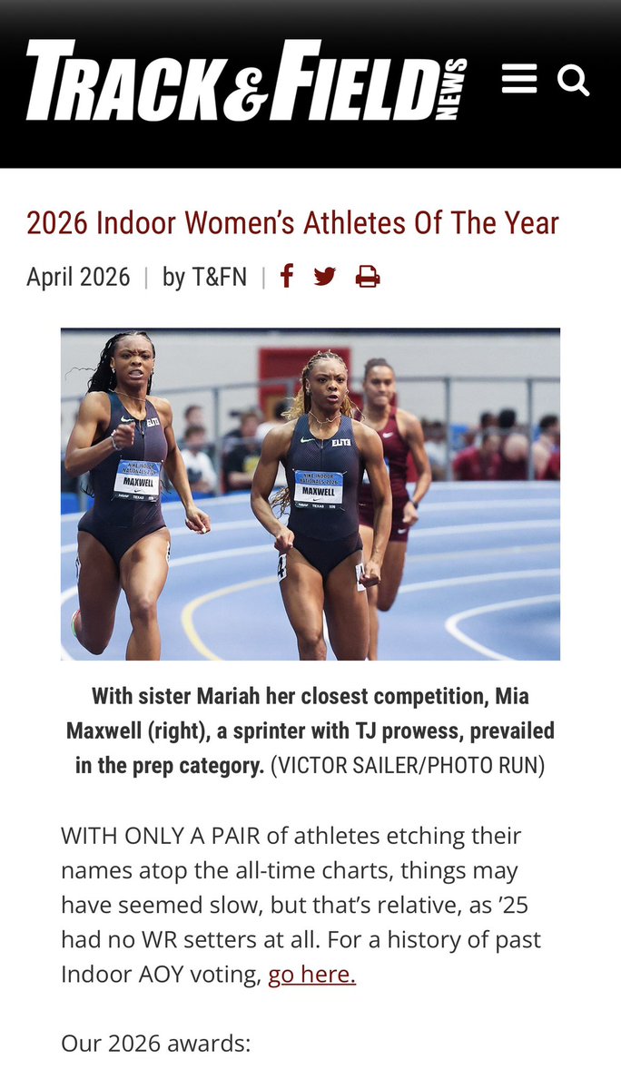 I_Coach_Speed's tweet image. Congrats to Mia Maxwell for being named the 2026 HS Girls indoor AOY by Track And Field News Magazine 👏🏾👏🏾👏🏾
Congrats to Mariah Maxwell for being the runner up. #APXP 🤝 JLFlightCrew

#GodsPlan #FactsAreFriendly #ResultsOverReels
