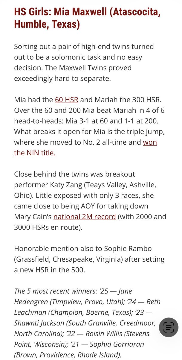 I_Coach_Speed's tweet image. Congrats to Mia Maxwell for being named the 2026 HS Girls indoor AOY by Track And Field News Magazine 👏🏾👏🏾👏🏾
Congrats to Mariah Maxwell for being the runner up. #APXP 🤝 JLFlightCrew

#GodsPlan #FactsAreFriendly #ResultsOverReels
