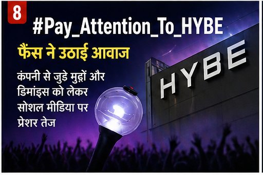thejitan1's tweet image. 8. #Pay_Attention_To_HYBE
👉 Headline: HYBE Corporation par fans ka pressure
👉 Explanation: K-pop fans company se related issues aur demands ko lekar social media par awaaz utha rahe hain.
👉 Sawal: Kya companies ko fans ki demands sunni chahiye?
👉 Hashtags: #HYBE #KpopFans