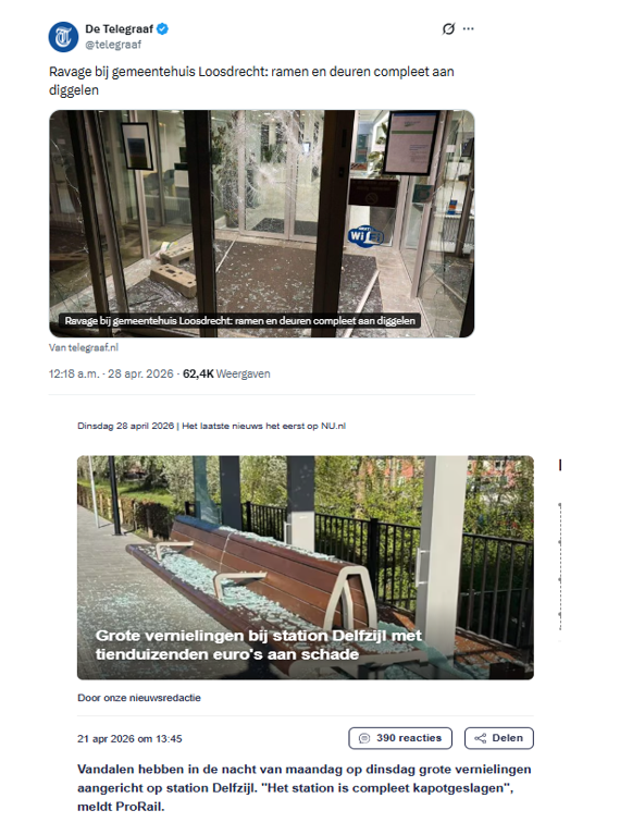 Vernielingen Loosdrecht kunnen absoluut niet, vindt ons bestuur. Eén verdacht is al opgepakt. 

Vernielingen Universiteiten? We kunnen niet aantonen wie dat heeft gedaan.

Vernielingen Delfszijl? Daar horen we nooit meer iets over.