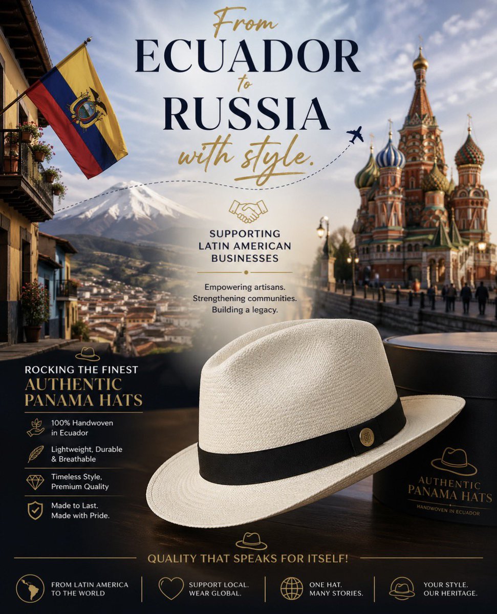 1981Descartes's tweet image. From Ecuador to Russia with style. Supporting Latin American businesses and rocking the finest authentic Panama hats. 
Quality that speaks for itself! 
#LatinExcellence #Handcrafted #PanamaHat #Ecuador #FashionBridge