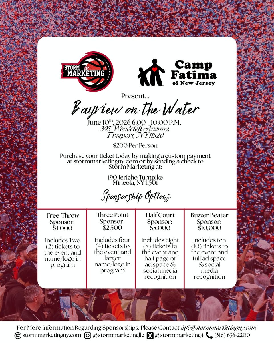 StormMarketing4's tweet photo. Join Storm Marketing & Camp Fatima of New Jersey for an unforgettable evening at Bayview on the Water! 🌊

📍 Bayview On The Water:
      395 Woodcleft Avenue Freeport, NY
🗓 June 10th | 6–10 PM

Storm Marketing is extremely proud to be partnered with Camp Fatima of New Jersey. Camp Fatima of New Jersey is a nonprofit camp that services both children and adults with special needs and disabilities. Camp Fatima of New Jersey is 100% free and volunteer based, serving over 5000 campers and over 7000 volunteers. To learn more about Camp Fatima of New Jersey, head to https://t.co/jS5YwgcOUc

🎟️ Tickets & Sponsorships available now! Purchase your ticket by visiting https://t.co/U1Ein04cYo today & submitting a custom payment. Interested in becoming a sponsor? Please email info@stormmarketingny.com today. 

We hope to see you all on June 10th!

#WeAreNewYorksTeam #WeAreStJohns #StormMarketing #CampFatimaOfNJ