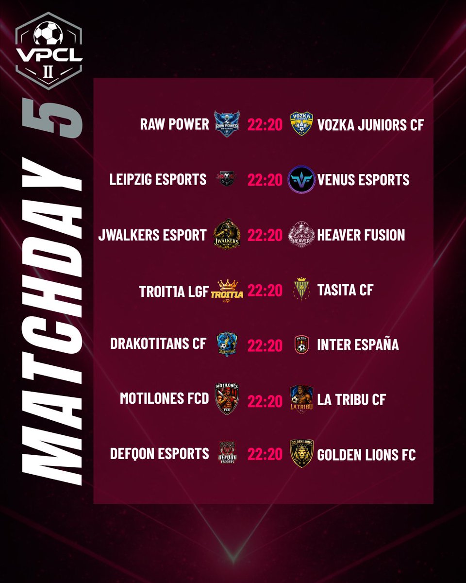 VPCL_Spain's tweet image. 🚨JORNADA 5 VPCL CHAMPIONSHIP

Estos son los partidos de la Jornada 5 de VPCL Championship a las 22:20. 

👇Deja tu predicción del partido más potente de la jornada.

#VPCL #ClubesPro #EAFC