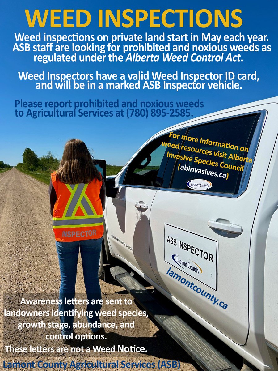 LamontCounty's tweet image. #LamontCounty Weed Inspections Start Soon - #AG #ASB #Weeds - Agriculture Services starts its annual weed inspection and pest control shortly. Watch for Lamont County branded vehicles doing their mandated inspections (related to the Alberta Agricultural Pests and Weed Control
