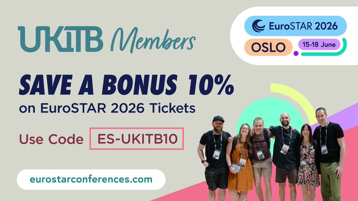 UKITestingBoard's tweet photo. EuroSTAR is Europe’s largest software testing conference (https://t.co/FmC8uPof7T). In 2026, it will be in Oslo, 15–18 June.

UKITB members get an exclusive 10% discount on individual tickets. Use your member code es-ukitb10 when booking.

Get your tickets https://t.co/FmC8uPof7T https://t.co/ImS5PWjM40