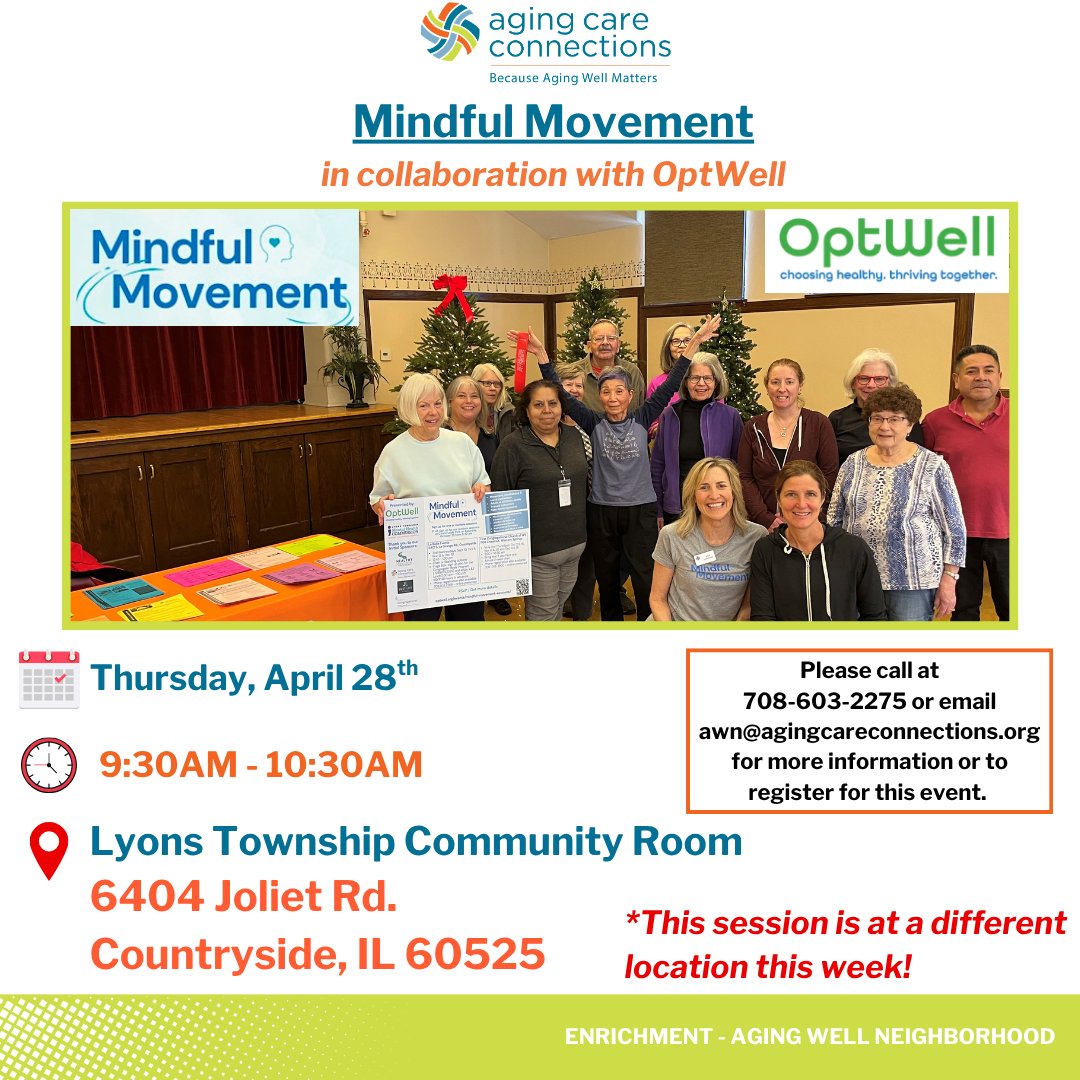 agingcareconns's tweet photo. We have 2 events this Thursday for our community and we'd love to see you!

*Please note that this week's Mindful Movement location is different.

To learn more and see other upcoming events: 
https://t.co/heeimiAIY2

#LaGrange #nonprofit #SeniorCare #Chicagoland #Countryside https://t.co/HcbgnfK4b9