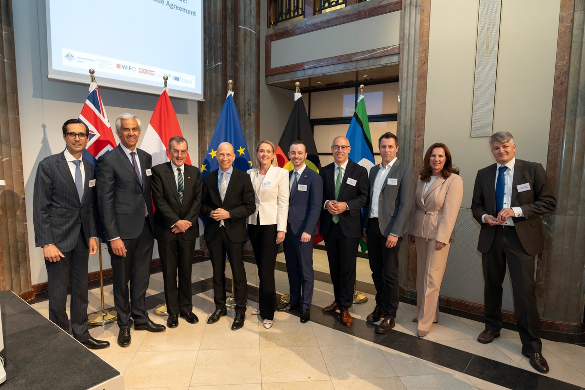 AusAmbVIE's tweet photo. Delighted to celebrate the conclusion of the landmark Australia–EU Free Trade Agreement (FTA) in a packed room at the Austrian Central Bank (OeNB). The FTA will support our shared efforts to diversify trade and bolster supply chain resilience during global economic uncertainty. https://t.co/Eog0jwFmQL