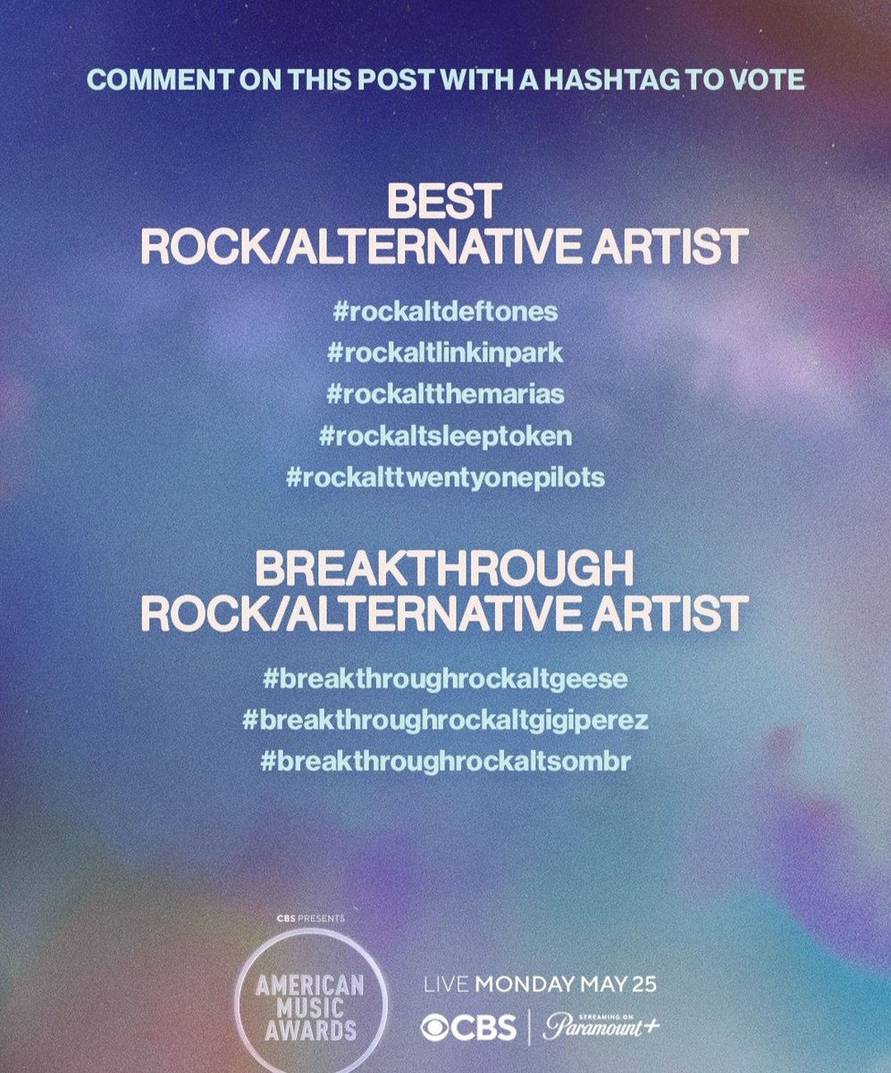 AMA's Turbo Tuesday April 28
Vote 60 times

Best Rock/Alternative Album
#rockaltalbumbreach

Best Rock/Alternative Artist
#rockalttwentyonepilots