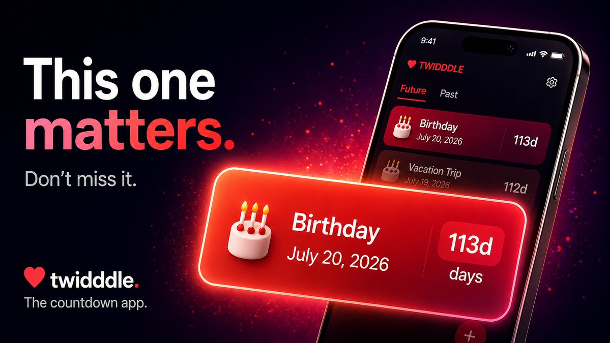 Twidddleapp's tweet image. This one matters.

Don’t miss it.

We built twidddle so your important moments don’t sneak up on you.

❤️

download now:
apps.apple.com/us/app/twidddl…

#buildinpublic #iosdev #startups