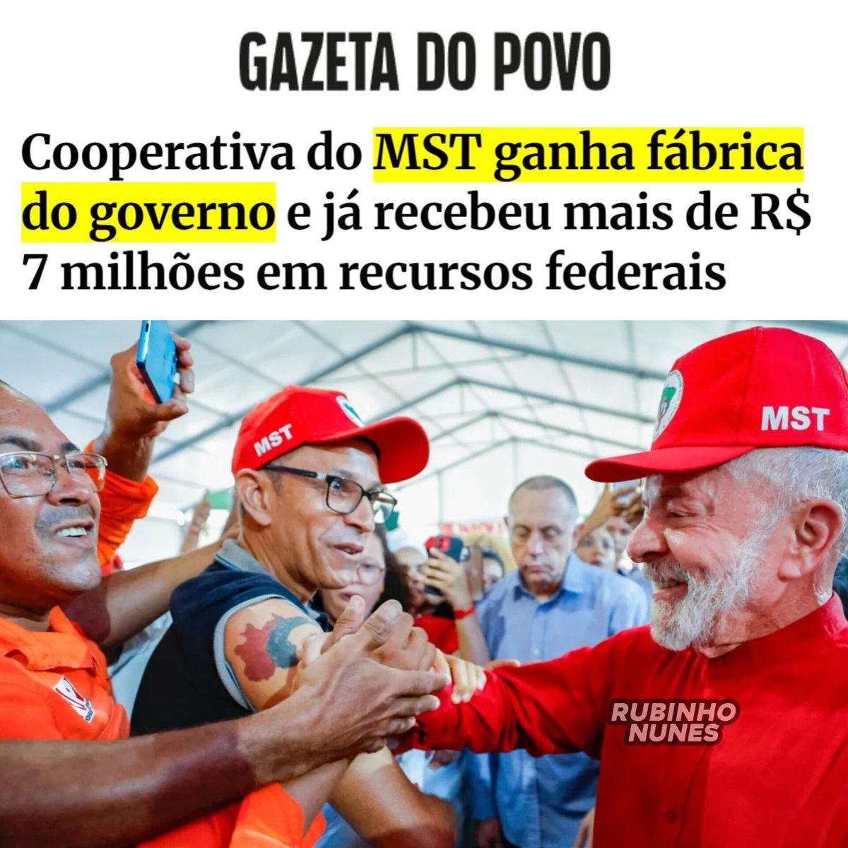 RubinhoNunes's tweet photo. No Brasil do Lula:

• Quem trabalha é taxado.
• Quem invade terra ganha fábrica.

É o PT usando o seu dinheiro para fortalecer o seu próprio exército. https://t.co/Yczqi7VA70