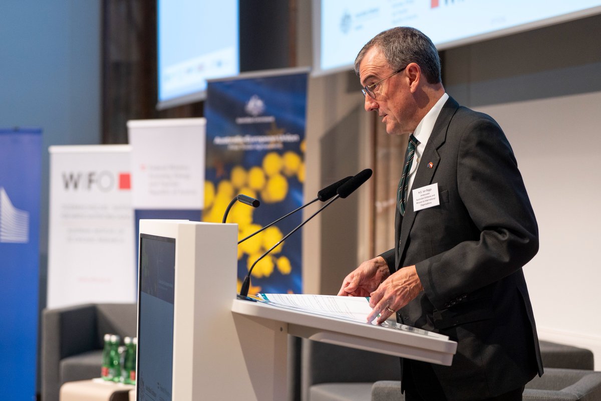 AusAmbVIE's tweet photo. Delighted to celebrate the conclusion of the landmark Australia–EU Free Trade Agreement (FTA) in a packed room at the Austrian Central Bank (OeNB). The FTA will support our shared efforts to diversify trade and bolster supply chain resilience during global economic uncertainty. https://t.co/Eog0jwFmQL