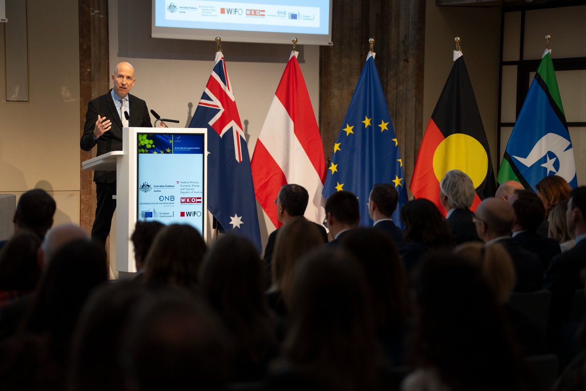 AusAmbVIE's tweet photo. Delighted to celebrate the conclusion of the landmark Australia–EU Free Trade Agreement (FTA) in a packed room at the Austrian Central Bank (OeNB). The FTA will support our shared efforts to diversify trade and bolster supply chain resilience during global economic uncertainty. https://t.co/Eog0jwFmQL