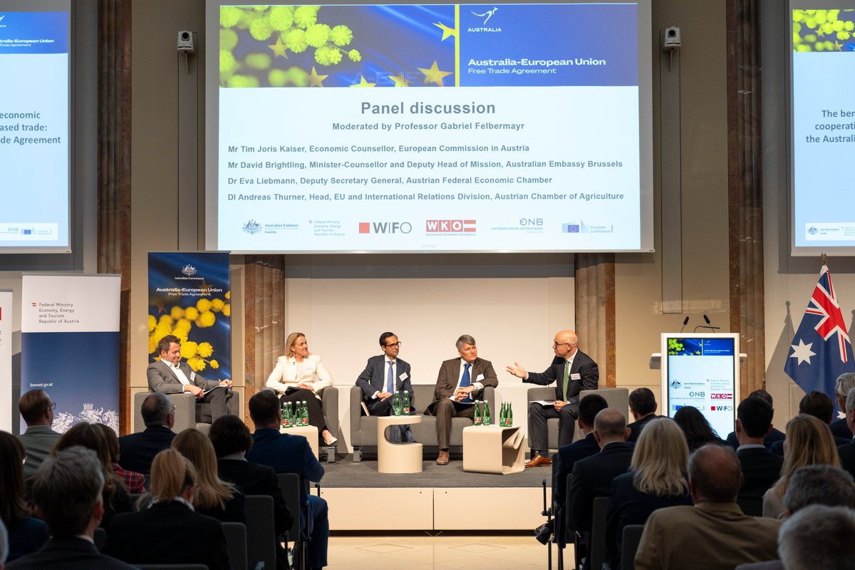 AusAmbVIE's tweet photo. Delighted to celebrate the conclusion of the landmark Australia–EU Free Trade Agreement (FTA) in a packed room at the Austrian Central Bank (OeNB). The FTA will support our shared efforts to diversify trade and bolster supply chain resilience during global economic uncertainty. https://t.co/Eog0jwFmQL
