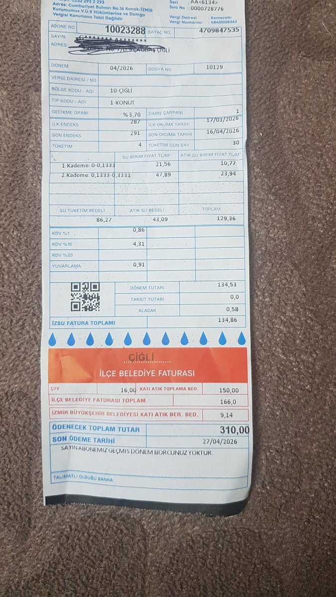 İZMİR
310 LİRALIK SU FATURASI VAR
KANSER HASTASI BİR AİLENİN