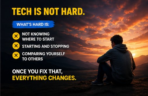 yansacad's tweet photo. Tech is not hard.
What’s hard is:

not knowing where to start 

starting and stopping 

comparing yourself to others 

Once you fix that, everything changes. https://t.co/cRgSMGdJnY